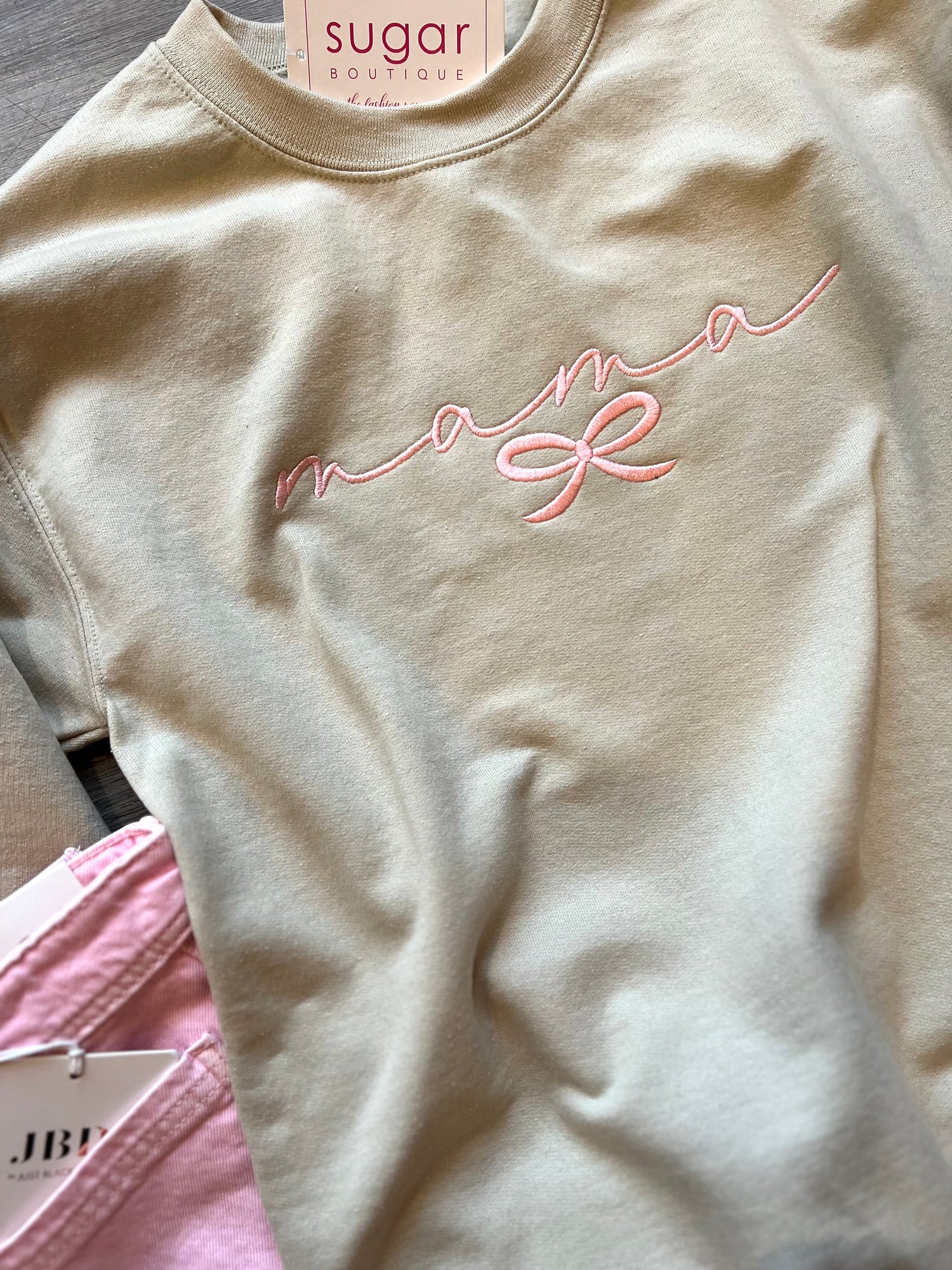 MAMA Bow Sweatshirt | Sand + Pink