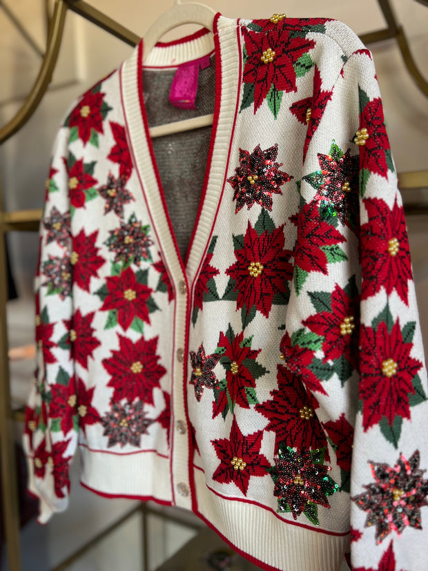 White & Red Poinsettia Cardigan
