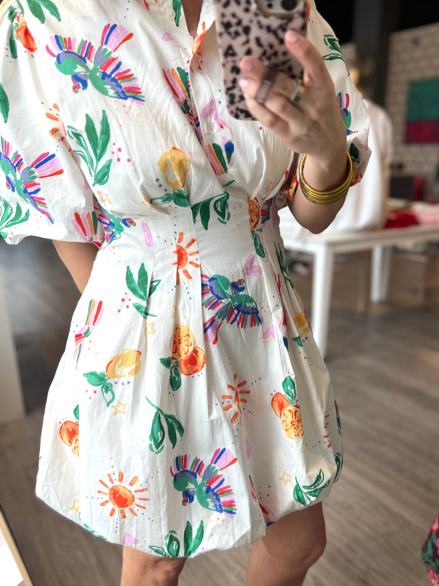 Toucan Fruit Bubble Hem Dress | White