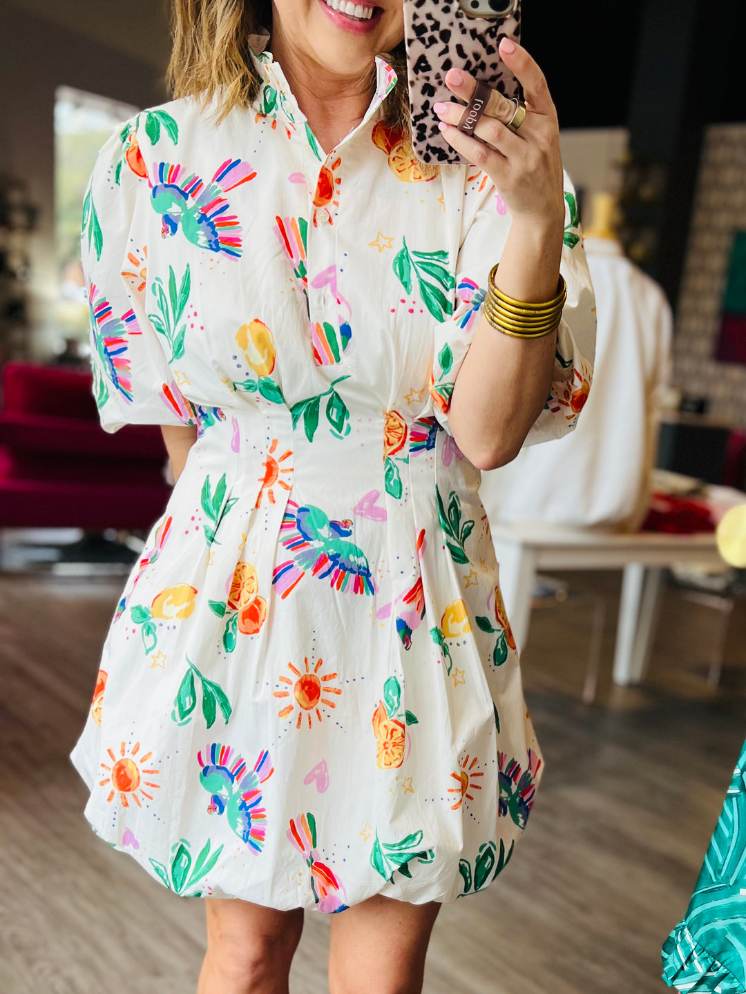 Toucan Fruit Bubble Hem Dress |  LARGE