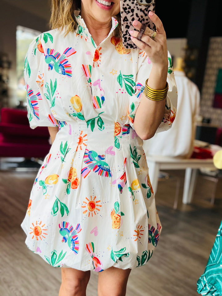 Toucan Fruit Bubble Hem Dress |  LARGE