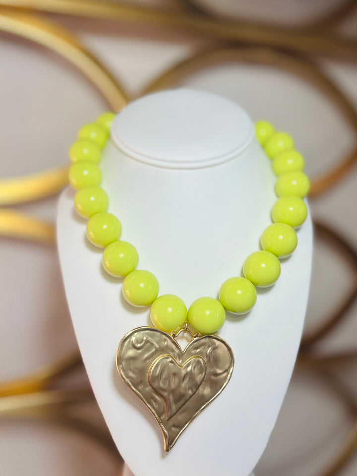 Candy Coated Heart Necklace -  Chartreuse