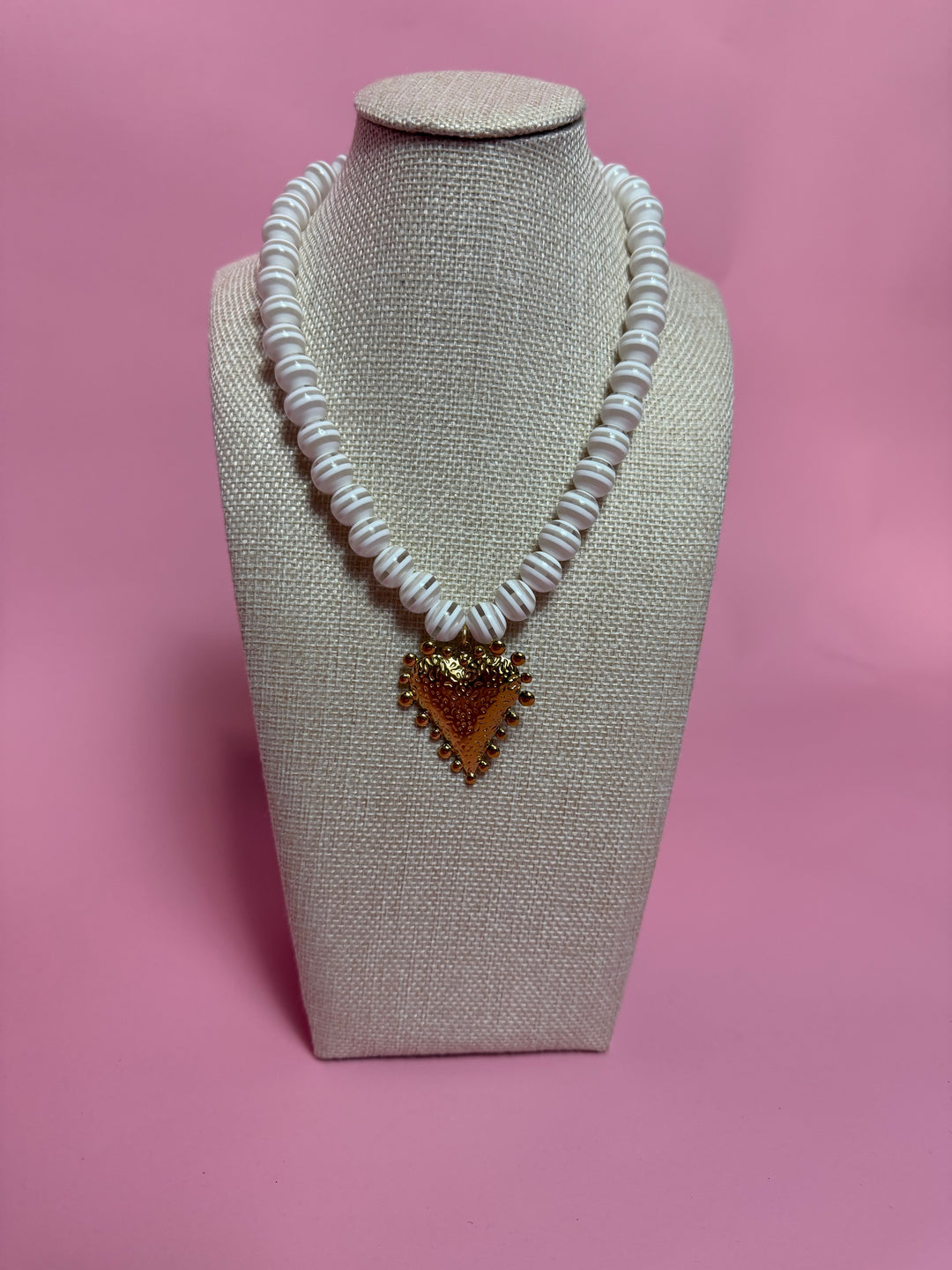White Stripe Beaded Necklace | Heart II