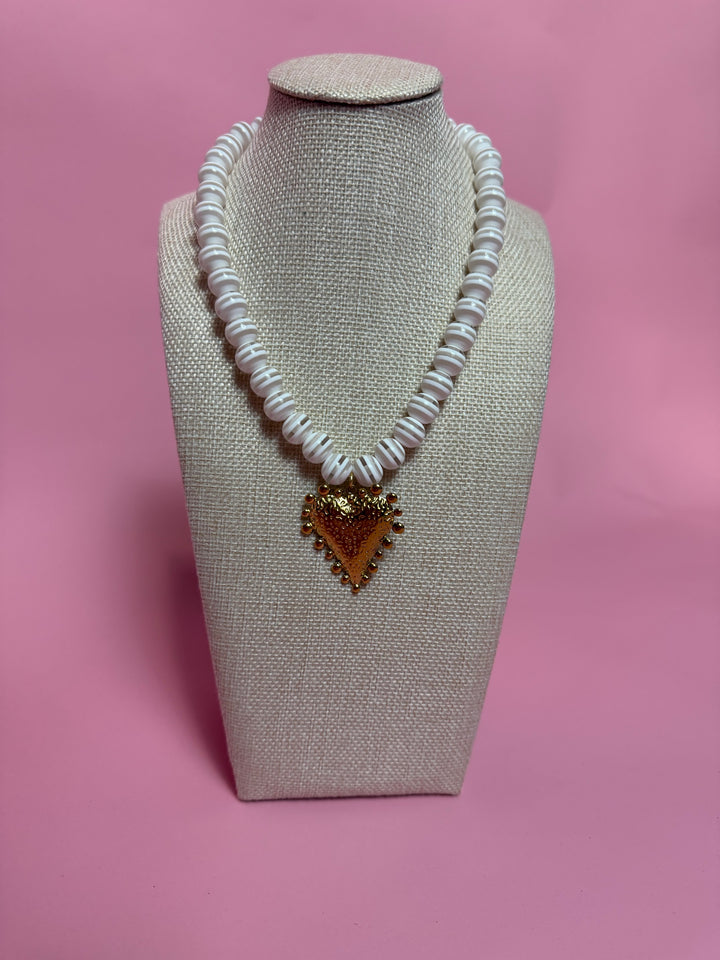 White Stripe Beaded Necklace | Heart II