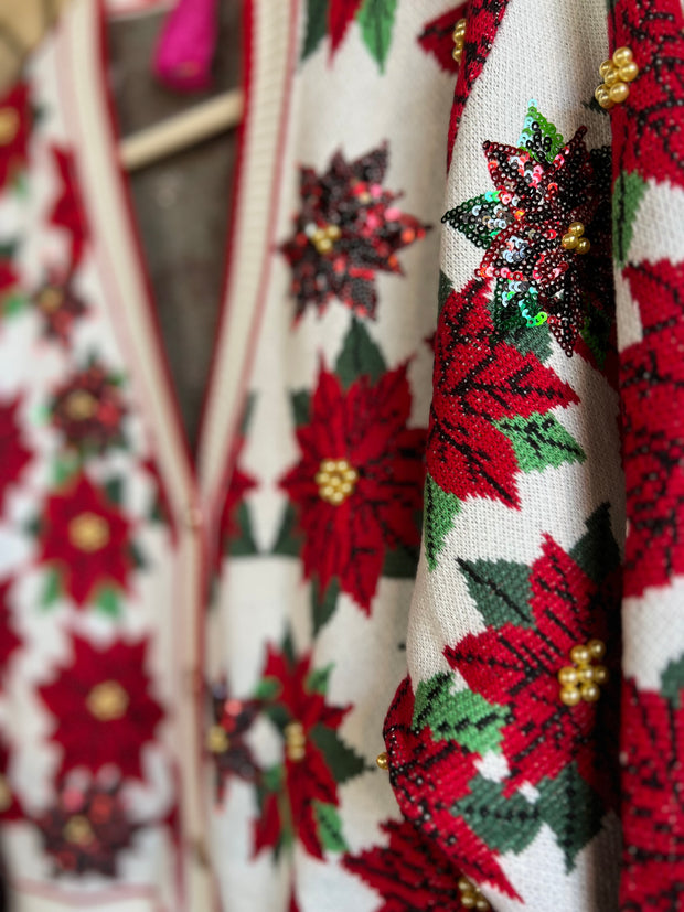 White & Red Poinsettia Cardigan