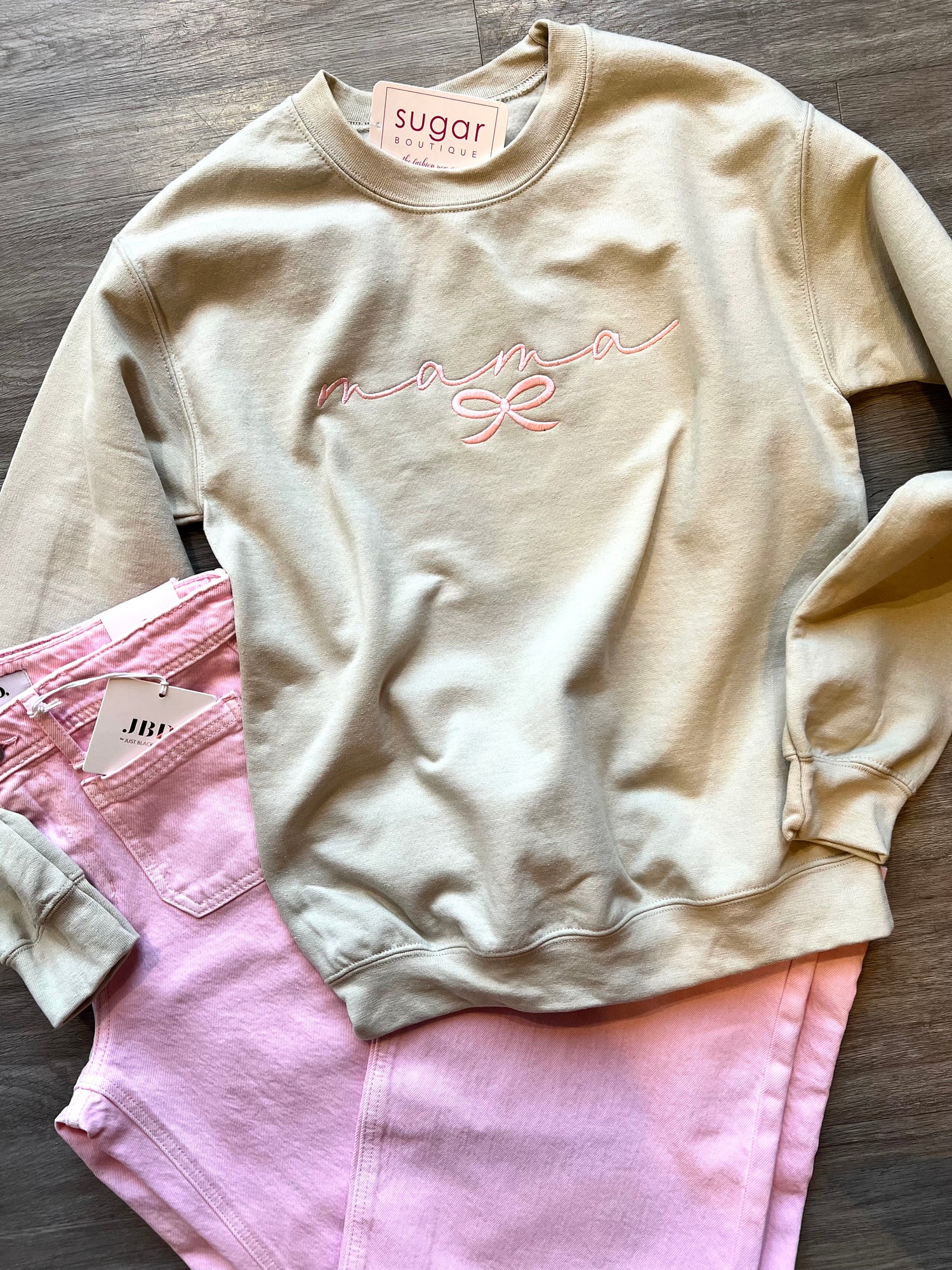 MAMA Bow Sweatshirt | Sand + Pink