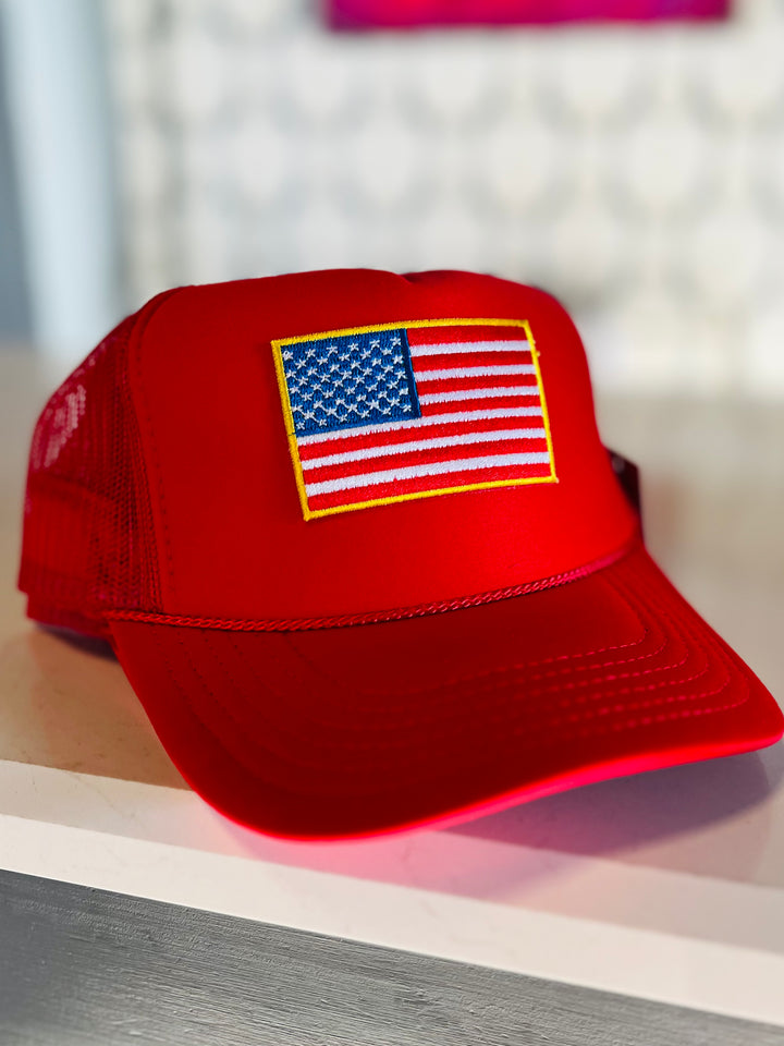 American Flag Patch Trucker Hat | RED