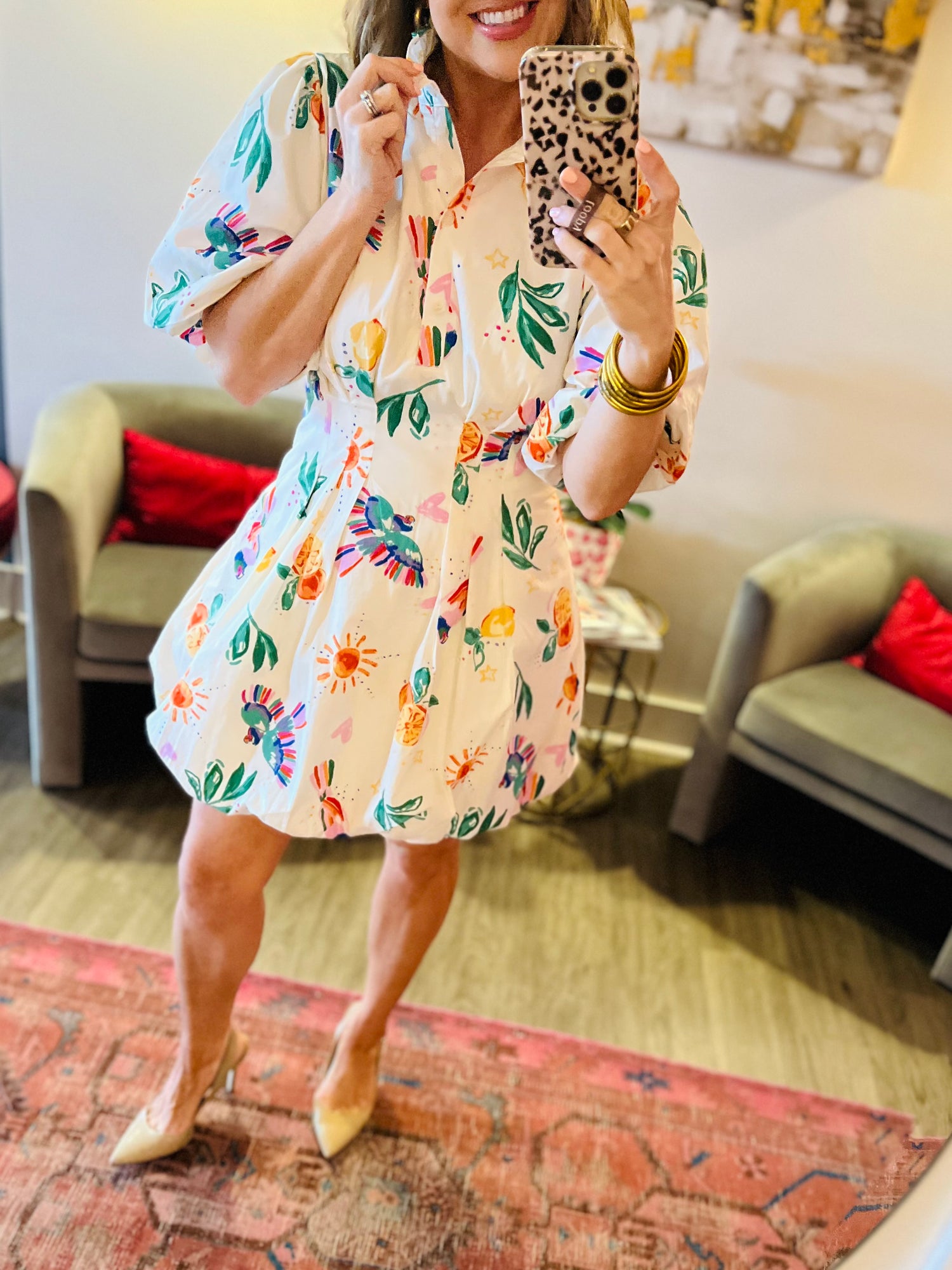 Toucan Fruit Bubble Hem Dress | White