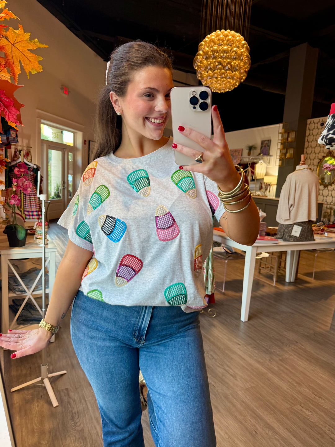 Multi Gingham Candy Corn Tee | Gray