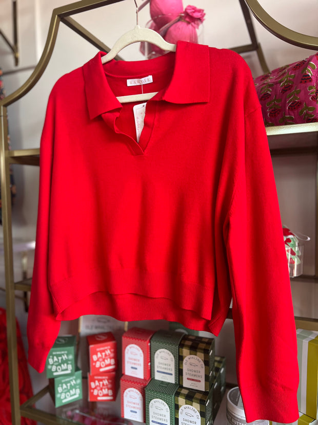 Solid V Neck Collar Sweater | Red