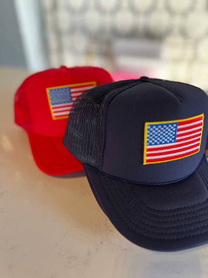 American Flag Patch Trucker Hat | RED