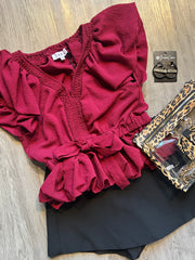Fan Flutter Sleeve Top | Garnet