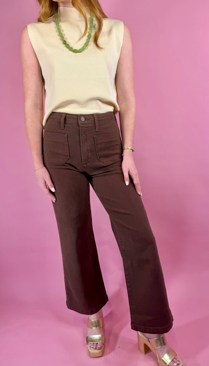 Patch Pocket Wide Leg Denim | Dark Brown