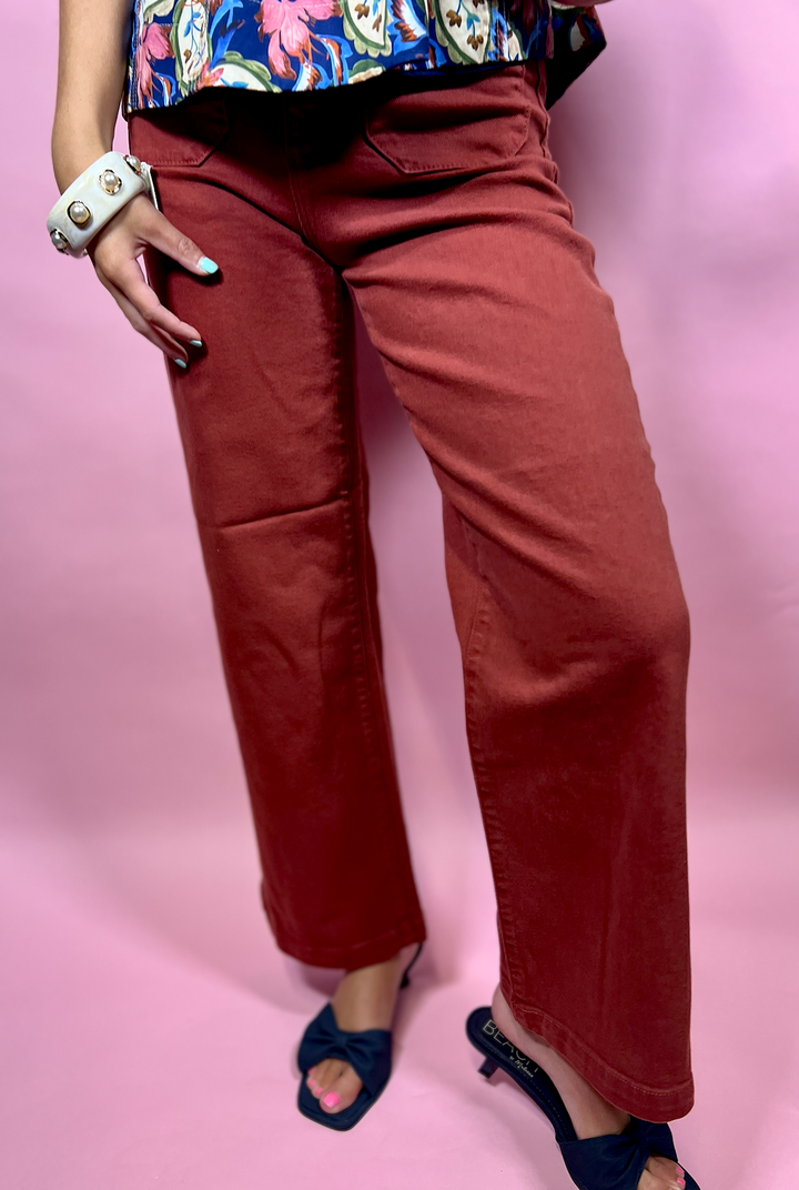 Patch Pocket Wide Leg Jeans | Burgundy