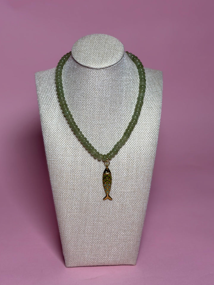 Mini Rondelle Bead Fish Necklace -  Olive