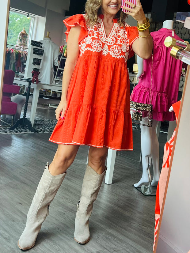 Teton Embroidered Dress | Orange