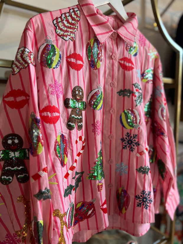 Light Pink & Red Stripe Icon Button Up