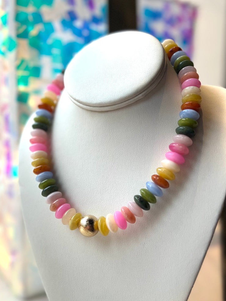 Light Rainbow Beaded Necklace with Gold Accent