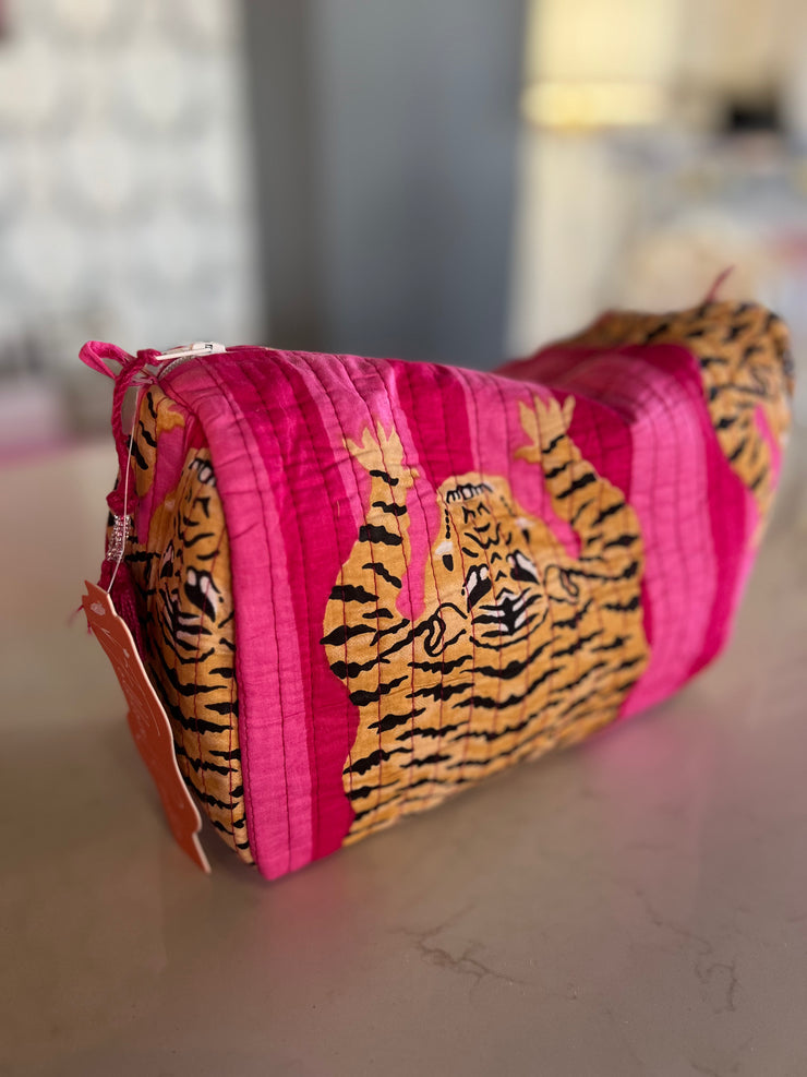 Quilted Cosmetic Bag | Pink Large Tiger Stripe Print