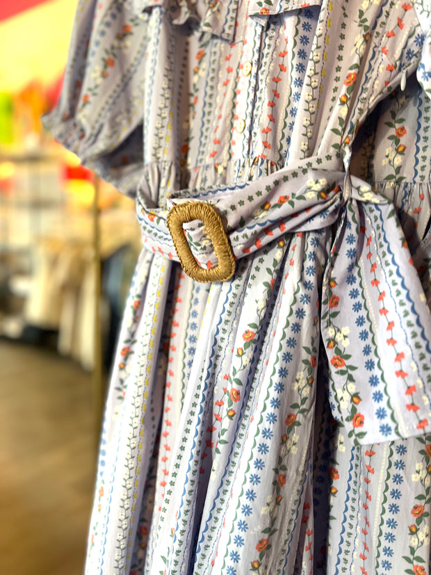 French Floral Belted Maxi Dress