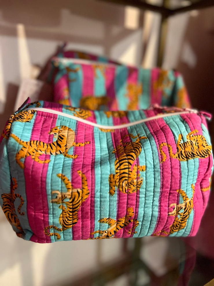 Quilted Cosmetic Bag | Magenta Aqua Stripe Tiger