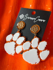 Clemson White Paw Earring | Orange Glitter Post