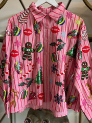 Light Pink & Red Stripe Icon Button Up