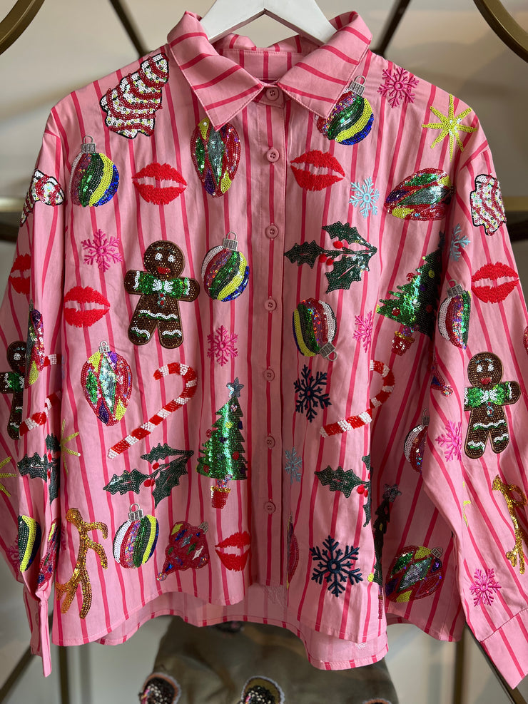 Light Pink & Red Stripe Icon Button Up
