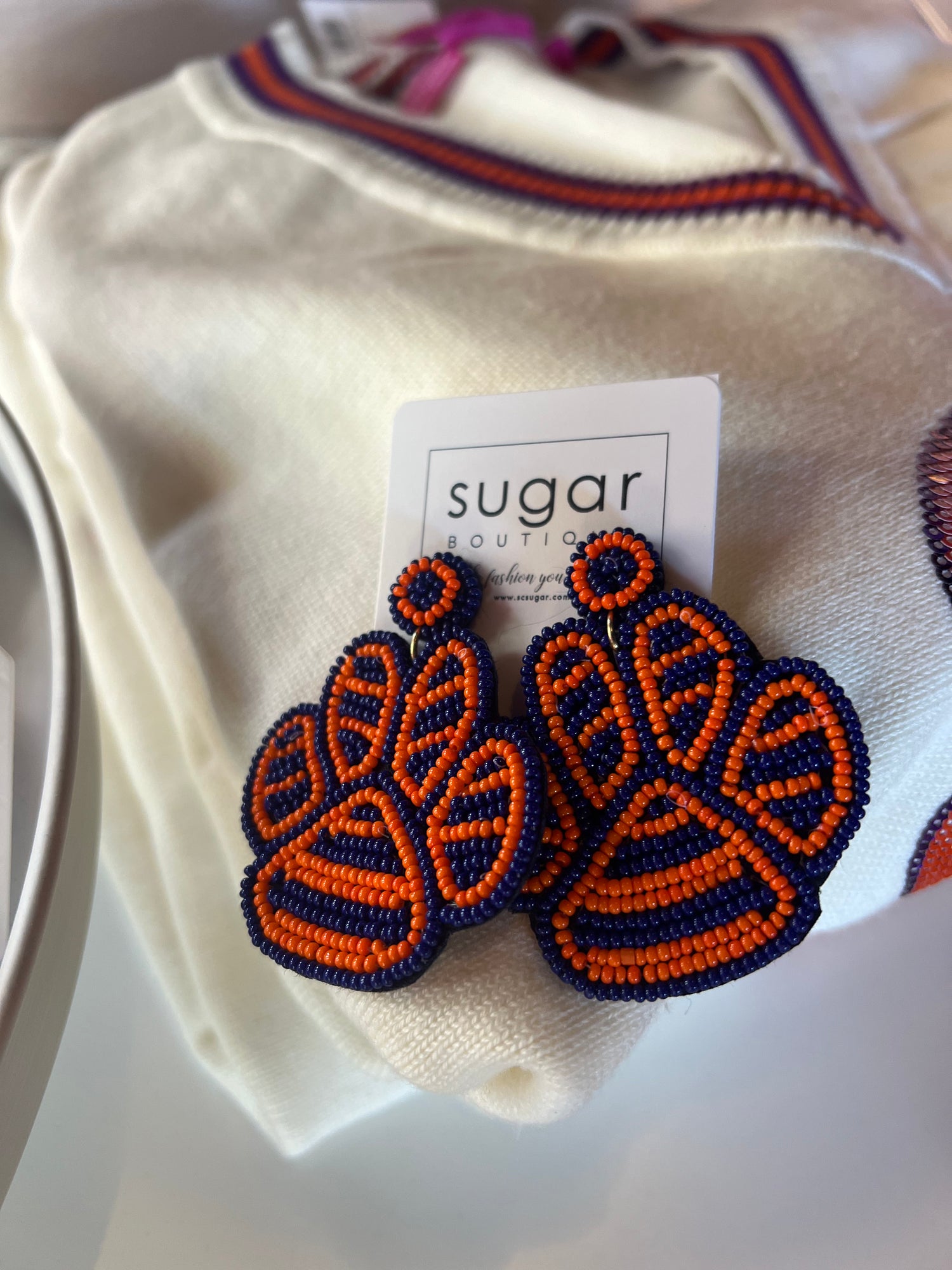 Stripe Tiger Paw Earring | Orange/Navy