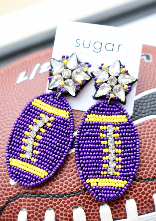 Glitzy Football Earring | Purple + Yellow