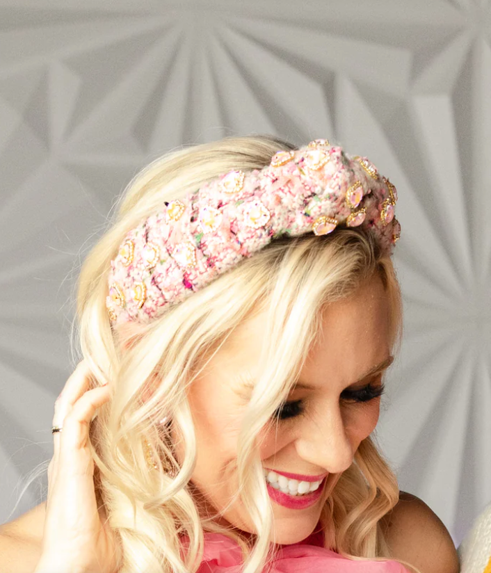 PINK TWEED HEADBAND WITH PINK PAVE IRIDESCENT Heart Crystals