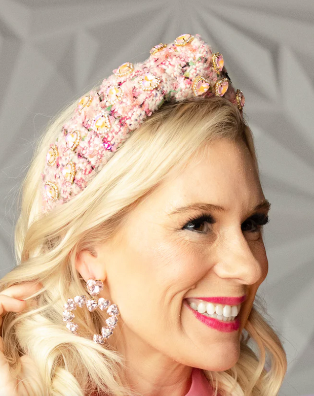 PINK TWEED HEADBAND WITH PINK PAVE IRIDESCENT Heart Crystals