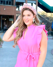 PINK TWEED HEADBAND WITH PINK PAVE IRIDESCENT Heart Crystals