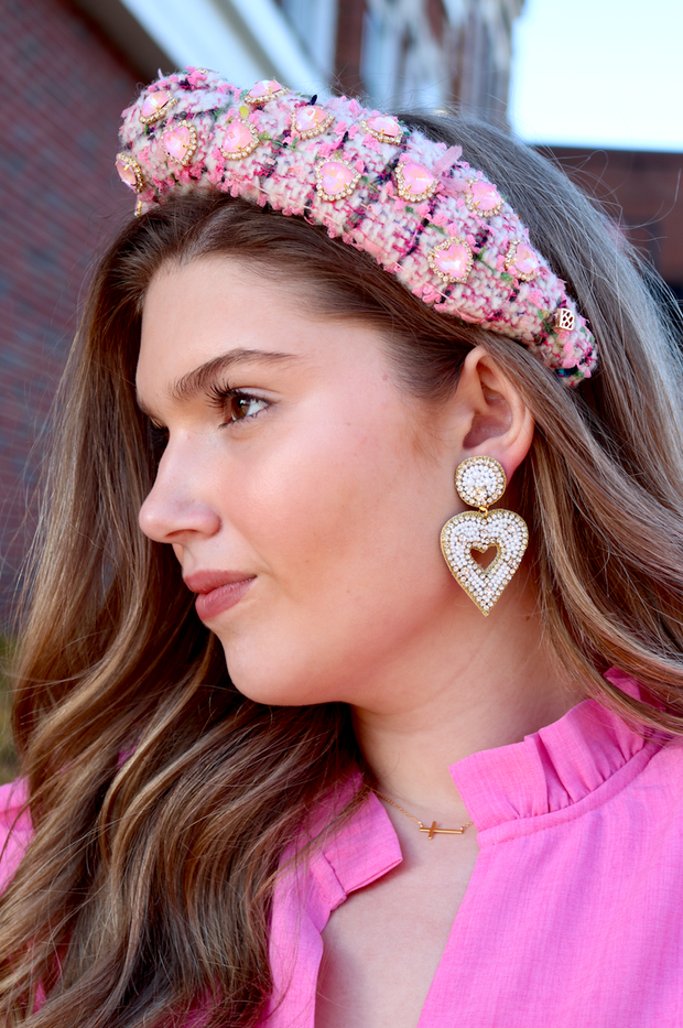 PINK TWEED HEADBAND WITH PINK PAVE IRIDESCENT Heart Crystals