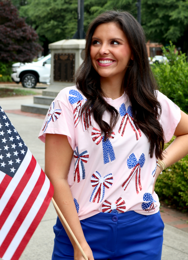 Light Pink Red White and Blue Bow Tee
