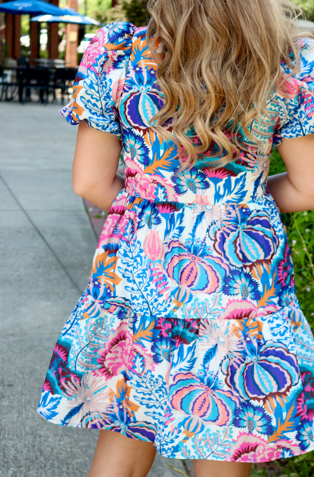 Exotic Floral Button Tiered Dress - XS