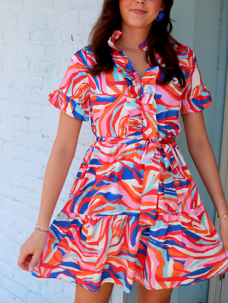 Color Swirl Ruffle Dress - XS,S