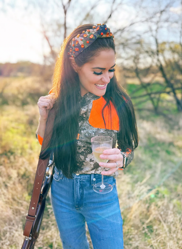 Adult Size Camo Headband with Orange Crystals