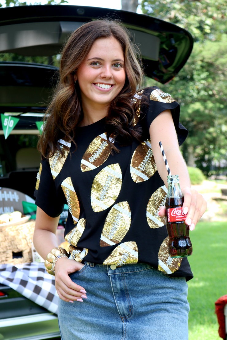 Black & Gold Rhinestone  Football Tee