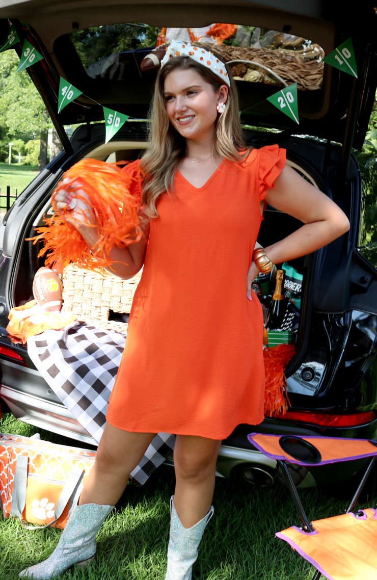 Katie V Neck Ruffle Dress | Orange - XL