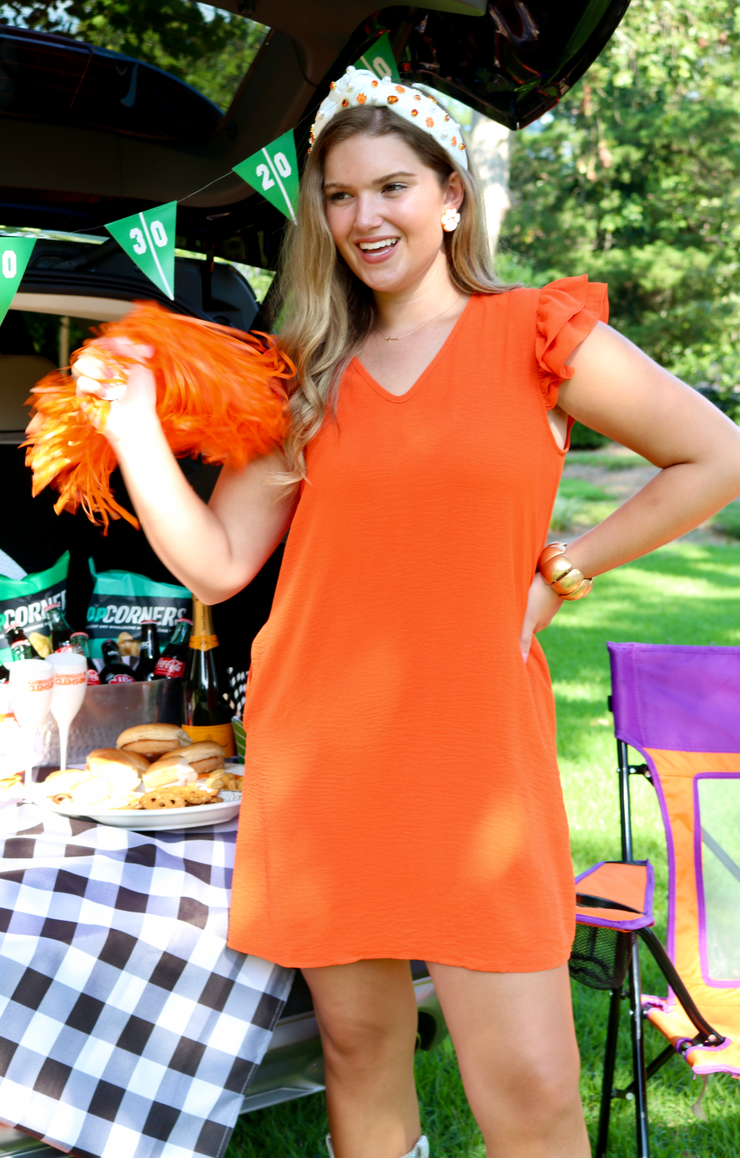 Katie V Neck Ruffle Dress | Orange - XL