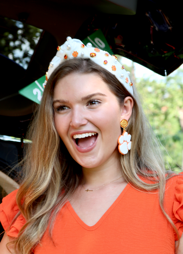 Clemson White Paw Earring | Orange Glitter Post