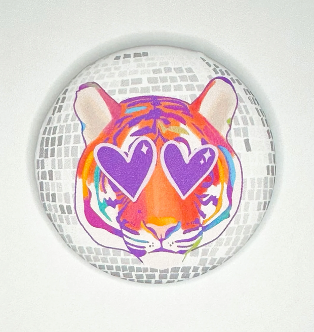 Heart-Eyed Disco Tiger Button