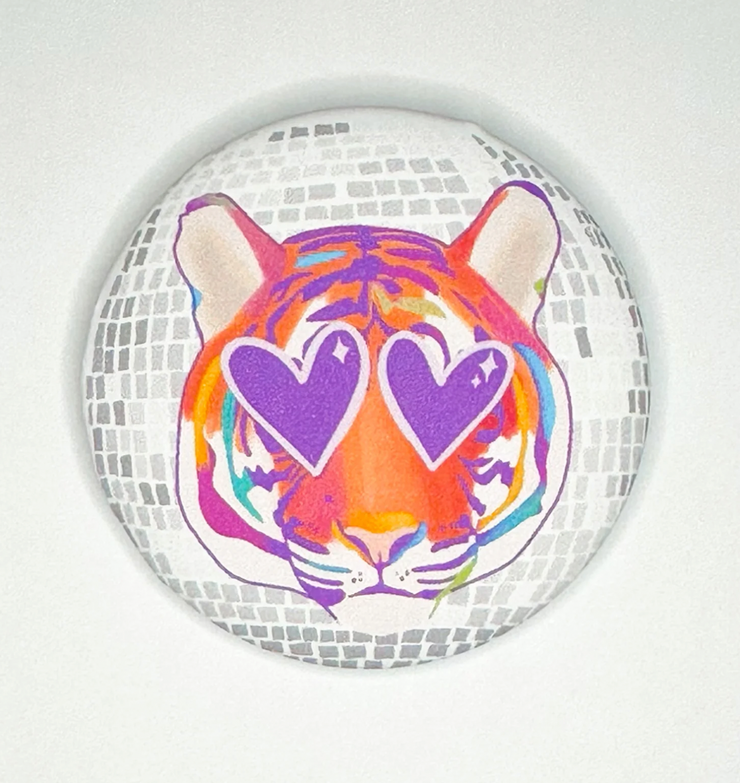 Heart-Eyed Disco Tiger Button