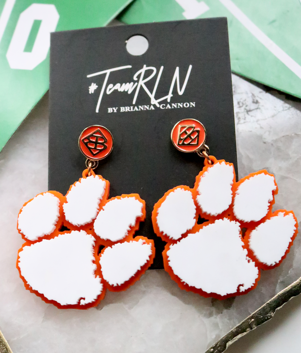 Clemson White Paw Earring | Orange BC Logo Post