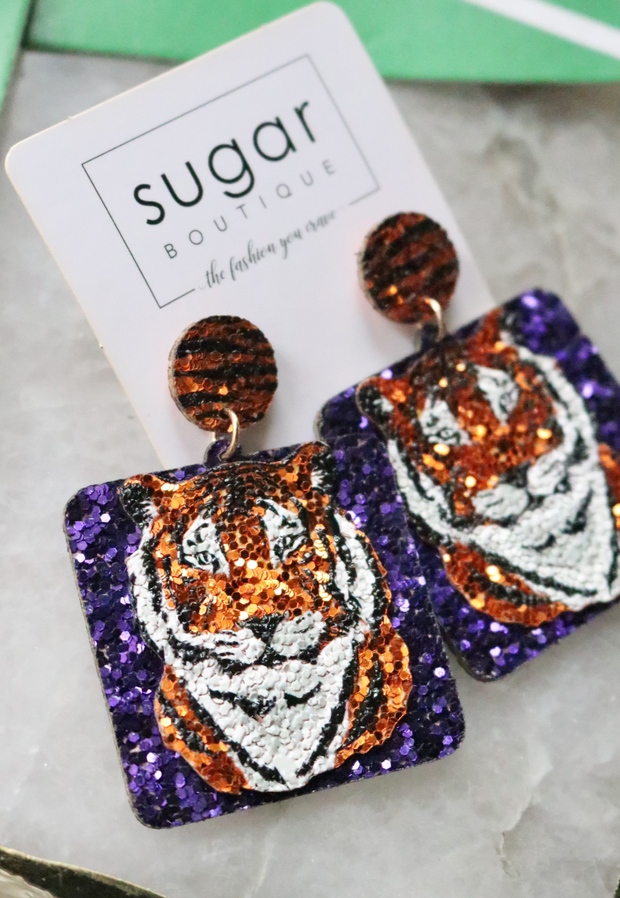 Square Glitter Tiger Earring