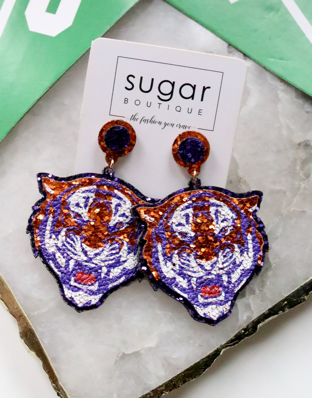 Glitter Tiger Face Earring | Purple/Orange