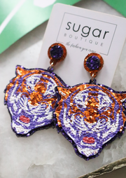 Glitter Tiger Face Earring | Purple/Orange