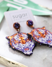 Glitter Tiger Face Earring | Purple/Orange