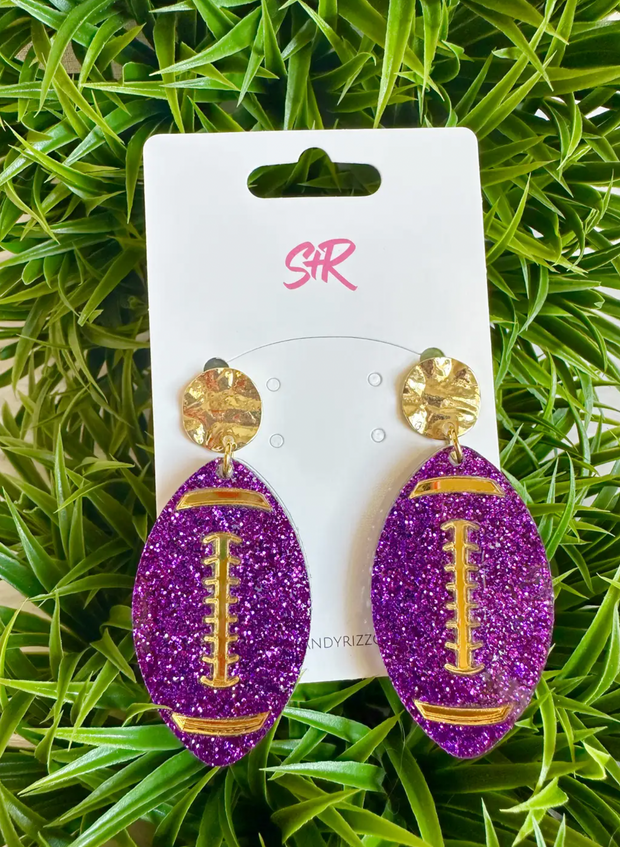 Purple Glitter Football with Gold Laces Earring